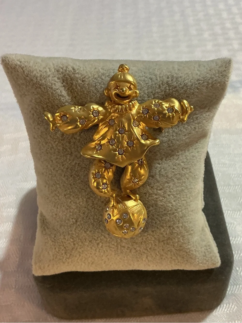 Clown on a Ball Articulated Balancing Rhinestone Gold Tone Brooch